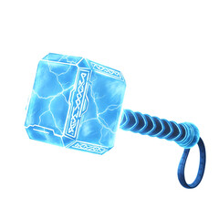Glowing blue hammer with lightning effects isolated on a transparent background thunder