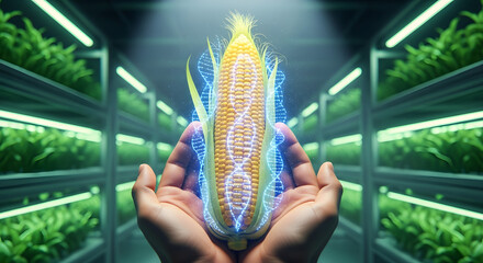 Hands holding a glowing corn cob with DNA strands, set in a biotechnology factory with green plants in the background. Focus on efficiency and biomass.