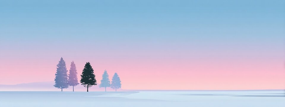 Minimalist winter dusk landscape with tranquil atmosphere featuring a soft pink to pale blue gradient sky with a row of Christmas tree silhouettes against the horizon - Powered by Adobe