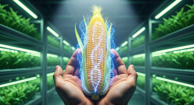 Hands holding a glowing corn cob with DNA strands, set in a biotechnology factory with green plants in the background. Focus on efficiency and biomass.