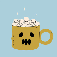Cute kawaii halloween mug ghost with hot drink for kids and design. Pumpkin latte in a beautiful mug with marshmallow. Vector stock illustration on a blue background.