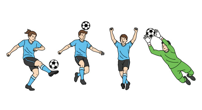 Dynamic soccer players in action demonstrating heading, kicking, and goalkeeping skills for sports education and athletic training illustrations