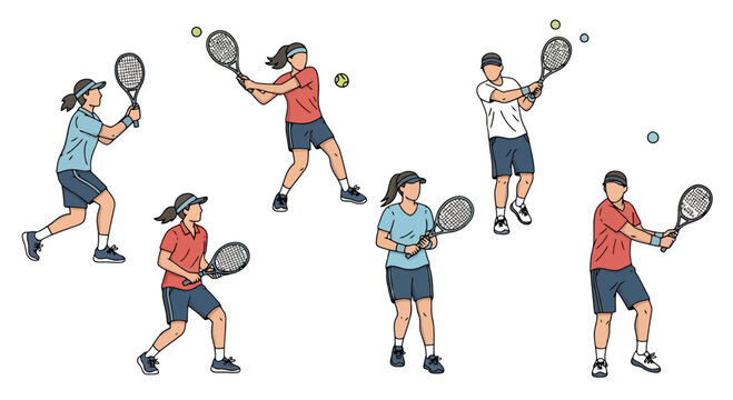 Detailed illustration showcasing tennis players performing various strokes and movements, ideal for instructional materials or sports-related educational content.