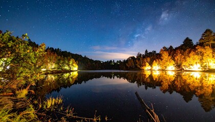 Fototapeta premium A reflective lake surrounded by glowing moss and radiant foliage, capturing magical authenticity under starlit skies.