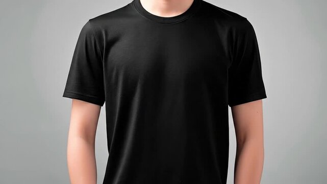 A person wearing a black tshirt is centered in the frame against a gray background