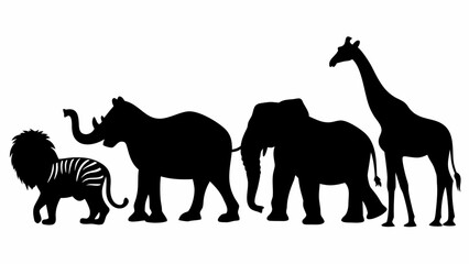 Silhouette depiction of a lion zebra rhino elephant and giraffe standing in a row against white background