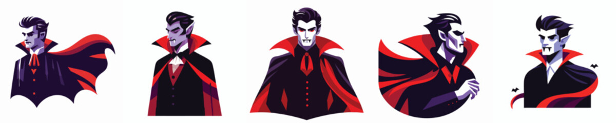 Gothic Vampire Man Portrait with Red Cape and Fangs Halloween Illustration