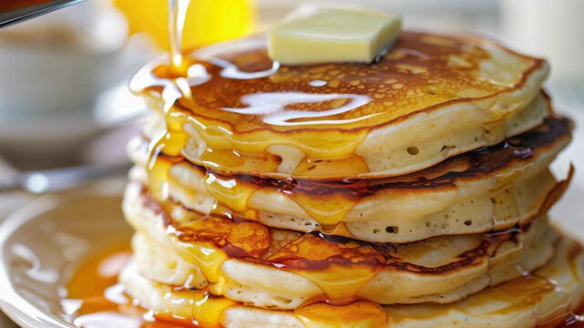 Syrup being poured over buttered stack of pancakes