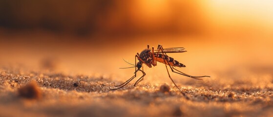 The Mosquito Resting on a Sandy Surface During a Vibrant Sunset