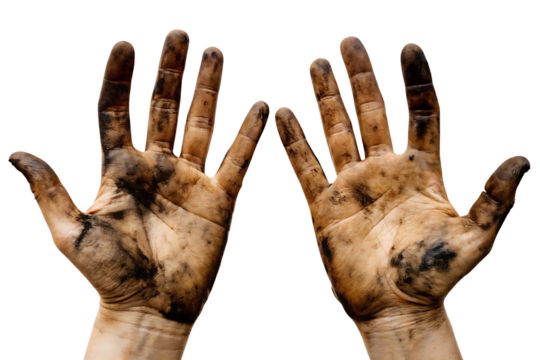 Dirty hands with dark soil smudges isolated on a transparent background grime