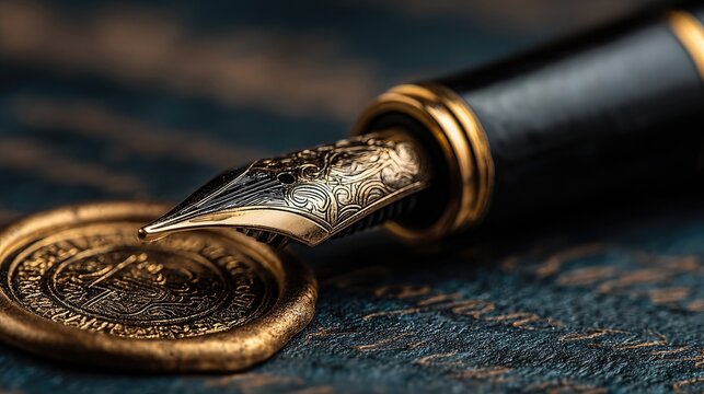 Notary desk seal pen contract background symbolizes legal validation authenticity justice approval documentation rights compliance ethics agreement process governance duty law