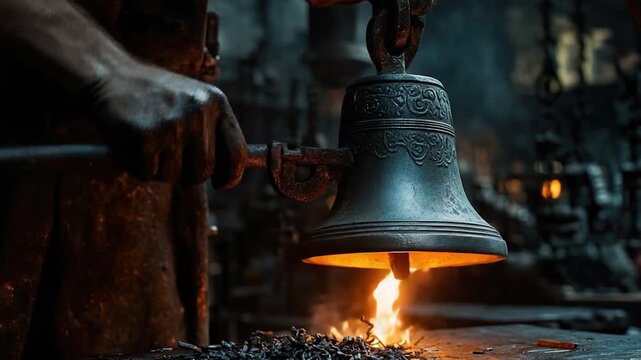 A bell being lit by flames, warm and cozy scene