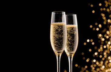 Elegant celebration with two sparkling champagne glasses on black background