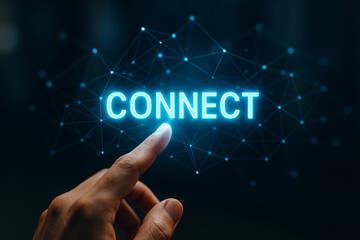 Finger touching glowing "CONNECT" text with a digital network background, symbolizing online networking and digital communication
