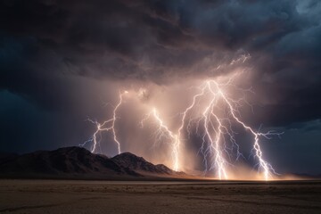 Dramatic lightning storm over a desert landscape