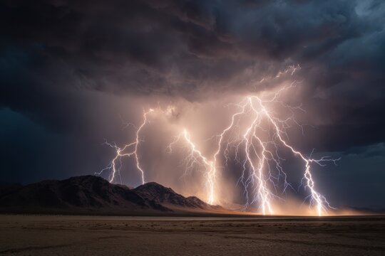 Dramatic lightning storm over a desert landscape - Powered by Adobe