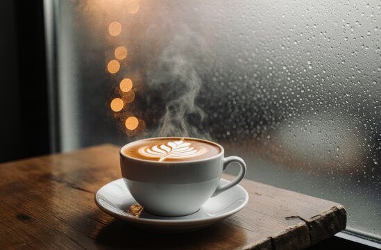 Steaming cappuccino with latte art in cozy cafe on rainy day