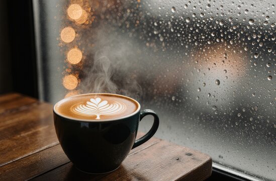 Steaming coffee cup with latte art on wooden table by rainy window