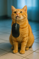 Funny ginger cat holding a computer mouse in its mouth, humorously playing on the idea of catching the “wrong type of mouse