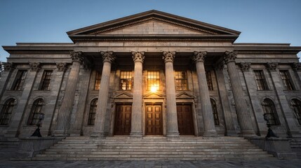 Naklejka premium Old courthouse exterior facade sunlight evokes tradition justice law authority strength fairness structure legal system history rule constitution governance decision public
