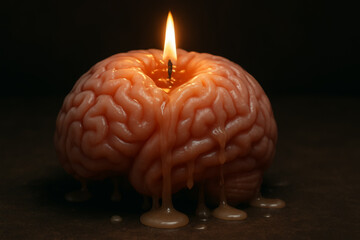 A candle shaped like a human brain slowly melting as it burns, symbolizing mental exhaustion, burnout, and cognitive overload