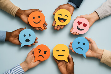 Diverse hands holding colorful speech bubbles with various emoji faces, symbolizing a wide range of emotions and communication