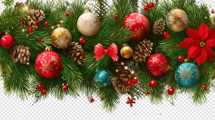 Colorful ornaments in red, gold, blue, and white are arranged with pinecones and vibrant green needles, creating a joyful holiday display perfect for seasonal celebrations.