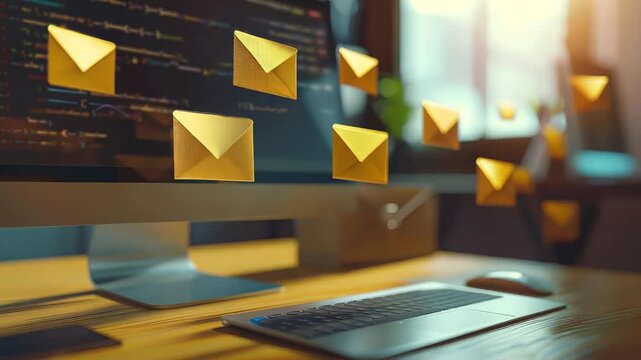 A modern workspace featuring a computer screen displaying code with floating email icons representing digital communication and notifications in a creative environment.