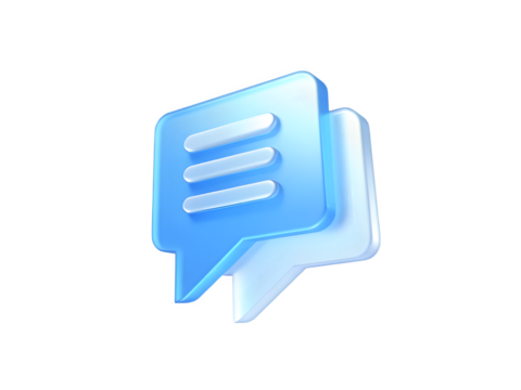 3d blue speech bubble icon with text lines on black background
