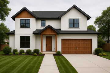 Modern suburban house with wooden accents, black roof, and well-manicured lawn, ideal for real estate listings or property investment visuals
