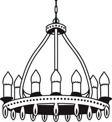 Vintage chandelier vector with elegant candle-style bulbs in a circular hanging frame. Black decorative lighting design perfect for interior, luxury, and classic projects. Ideal illustration 