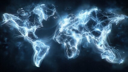 Global network map.  World map outlined by glowing, ethereal lines.  Connections between continents.  Dark background.  Abstract design
