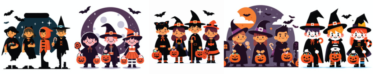 Halloween Kids Trick or Treat Costume Vector Illustration Set