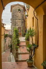 Beautiful narrow street of Menton, a resort town on the French Riviera, France.