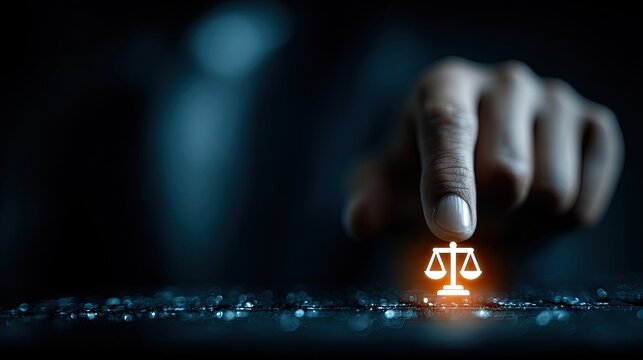 Online court hearing interface with justice logo floating top corner symbolizes remote fairness, legal access, ethics compliance, structure governance, truth accountability protection