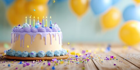 The colorful birthday cake with candles surrounded by festive decorations and balloons.