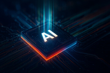 Futuristic AI-powered microchip glowing with neon circuits, symbolizing artificial intelligence technology and digital innovation