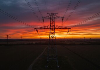 Electric pylon at sunset dusk