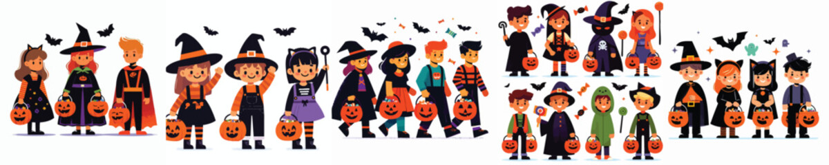 Kids Halloween Costume Trick or Treat Vector Illustration Set