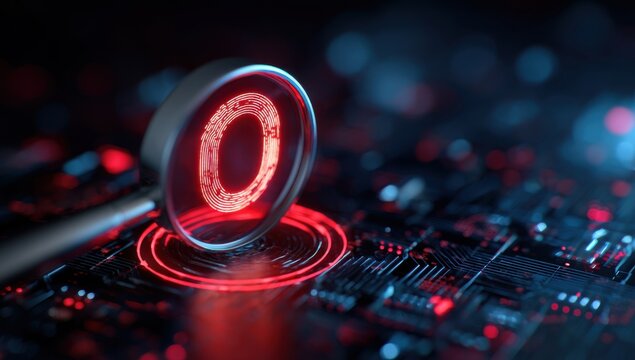 Magnifying glass over a digital circuit board, revealing a glowing red '0'