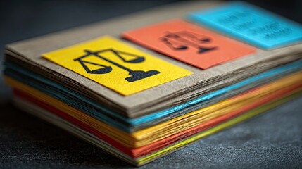 Paralegal notes marked with justice-themed sticky labels symbolize preparation, fairness emphasis, ethics law documentation, governance accountability compliance structure truth review