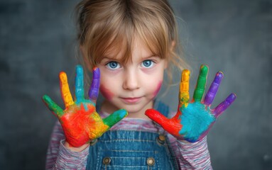 Young girl shows colorful painted hands while smiling in a creative indoor environment