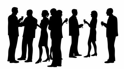 Silhouette illustration of a group of people at a party holding wine glasses and socializing together