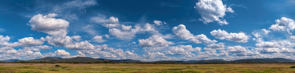 Obraz premium Panoramic view of a vast, open plain under a vibrant blue sky dotted with fluffy white clouds. Rolling hills and mountains are visible in the distance