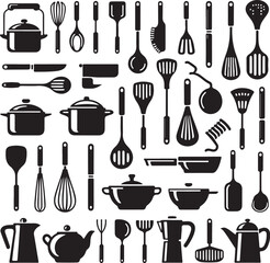 Black and White Kitchen Tools Icons Collection silhouette