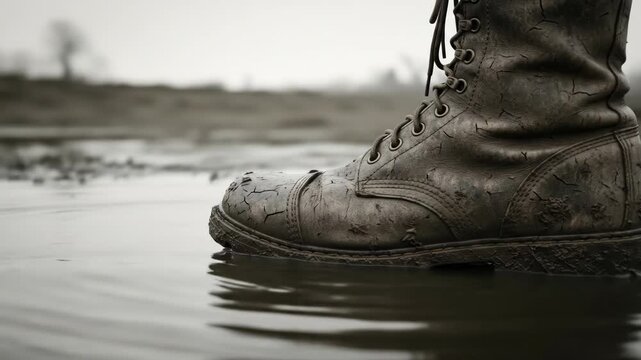 Old muddy combat boot in a puddle of water on a desolate battlefield, a concept of war