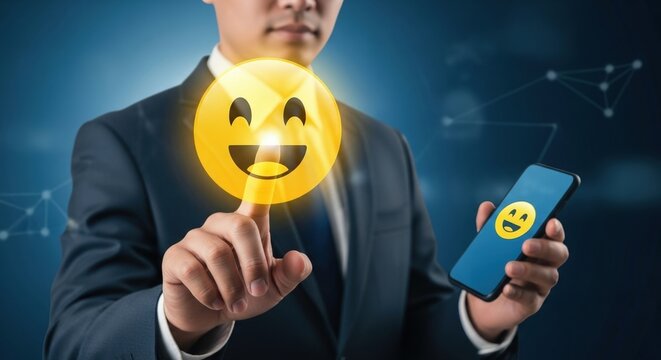 Homme d&rsquo;affaires appuyant sur une ic&ocirc;ne de visage souriant pour &eacute;valuationdu service clie.nt, retour d&rsquo;exp&eacute;rience et satisfaction, utilisation du smartphone sur fond bleu fonc&eacute;
