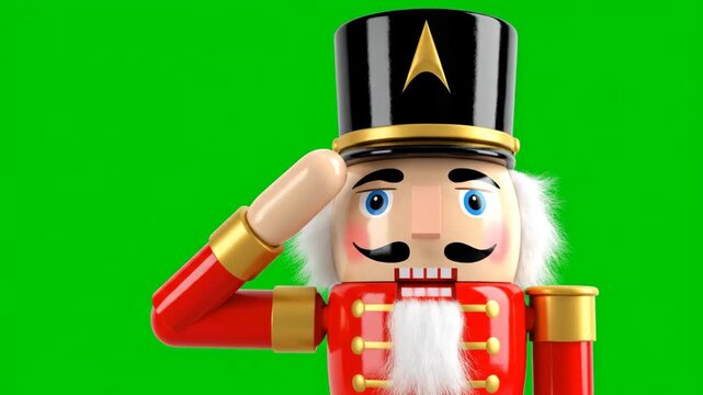 Nutcracker Toy Soldier Saluting on Green Screen Background Perfect for Holiday Animations