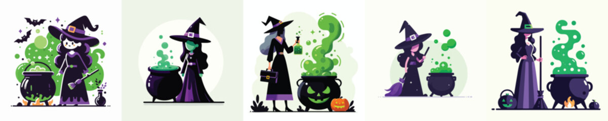 Halloween Witch with Bubbling Cauldron and Green Magic Potion Vector Illustration