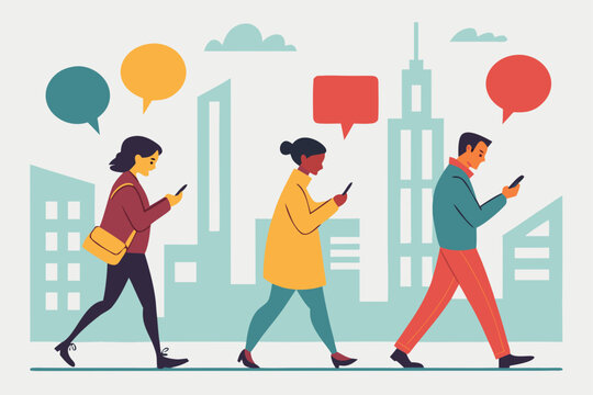 People walking in city while using smartphones, digital communication concept.